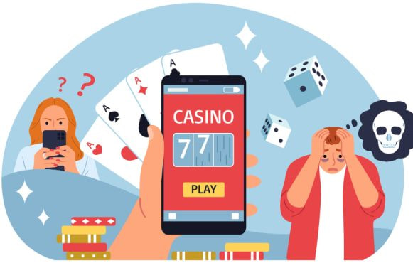 Grafische afbeelding van mensen die problemen ervaren en casino symbolen