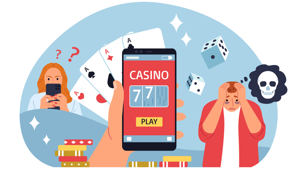 Grafische afbeelding van mensen die problemen ervaren en casino symbolen