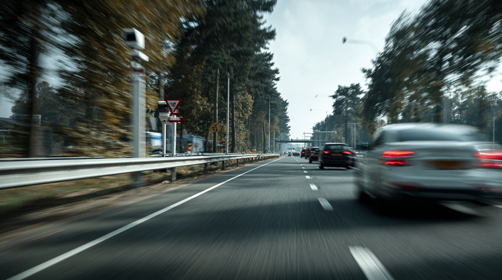 Еen flitspaal aan de zijkant van een drukke Nederlandse snelweg