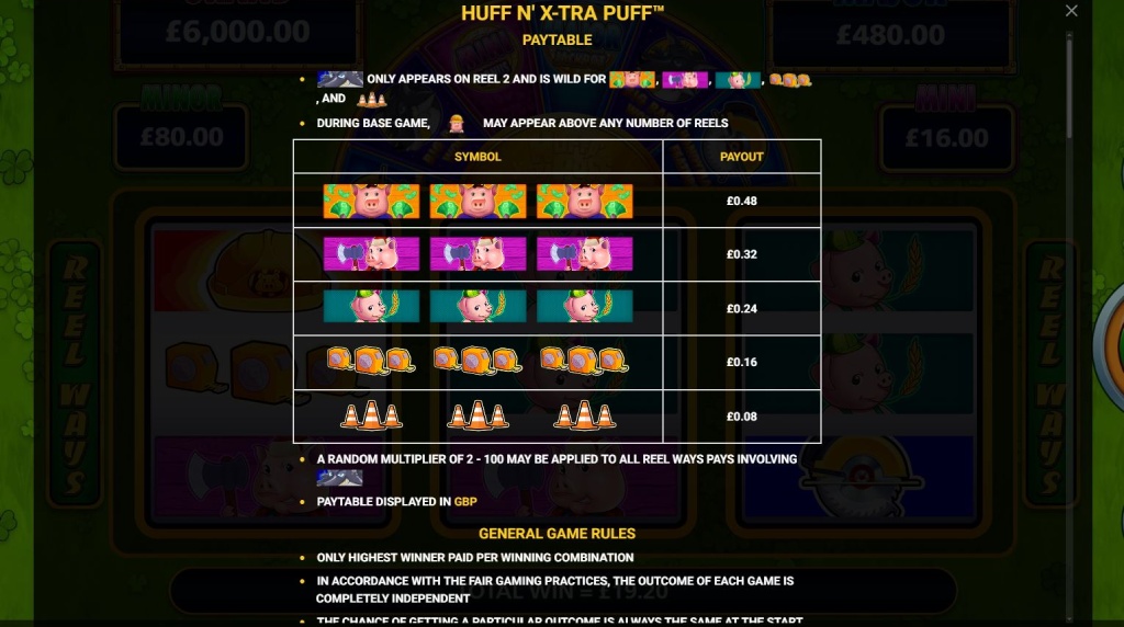 Screenshot van de uitbetalingstabel van Huff N’ Xtra Puff