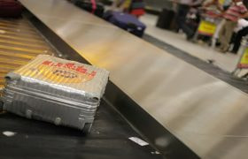 Zilveren koffer op de bagageband van een vliegveld