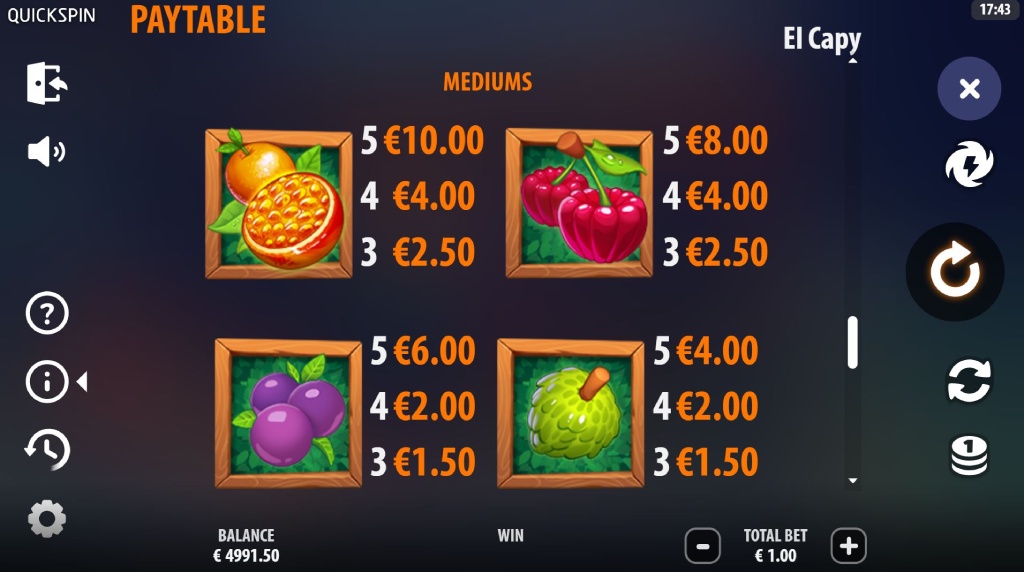 Screenshot van de uitbetalingstabel van El Capy