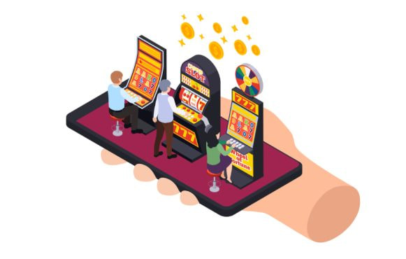 3D illustratie van mensen die slots spelen op een telefoon, die door een hand wordt vastgehouden