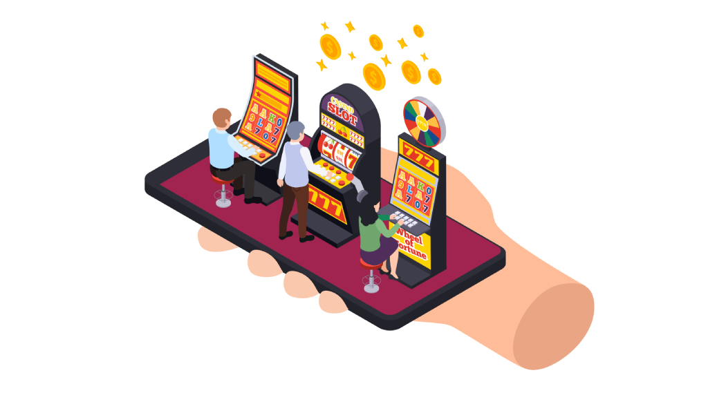 3D illustratie van mensen die slots spelen op een telefoon, die door een hand wordt vastgehouden