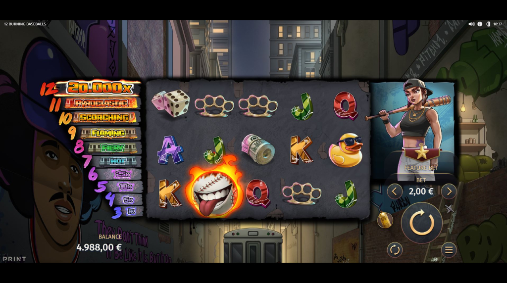 Screenshot van de nieuwe 12 Burning Baseballs slot van Print Studios