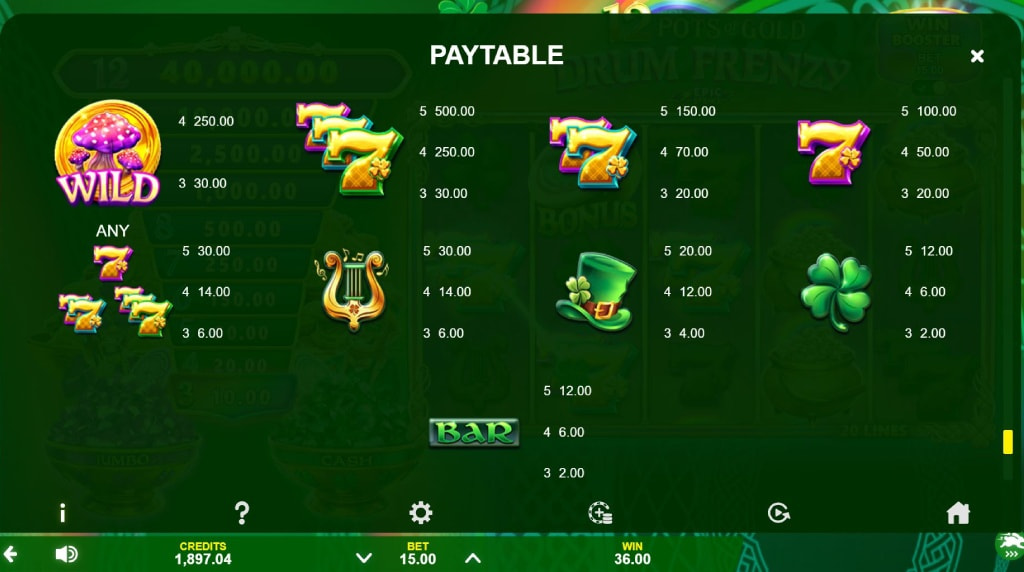 Screenshot van de uitbetalingstabel van 12 Pots of Gold Drum Frenzy