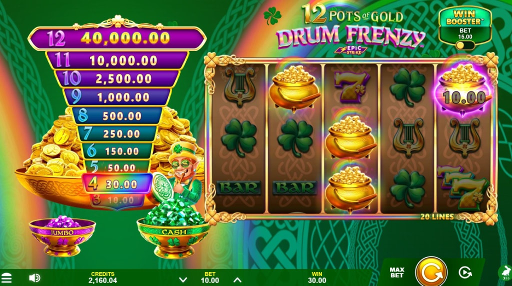 Screenshot van de nieuwe 12 Pots of Gold Drum Frenzy slot van Gameburger Studios