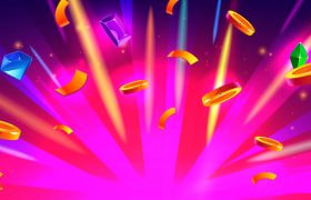 Roze/Paarse illustratie, feestelijke confetti, edelstenen en gouden munten