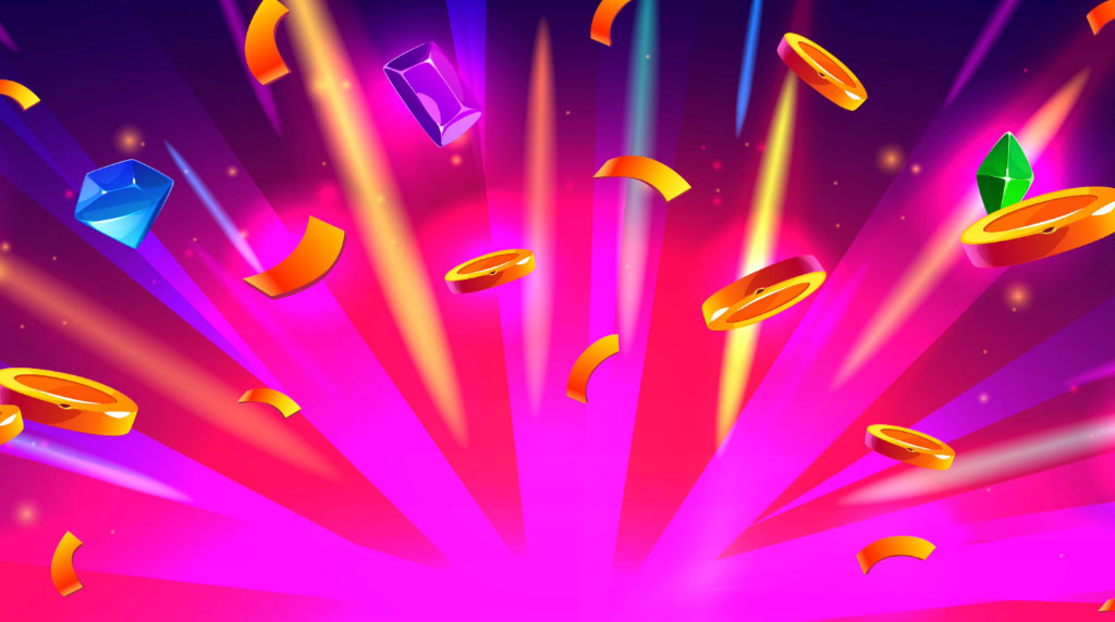 Roze/Paarse illustratie, feestelijke confetti, edelstenen en gouden munten