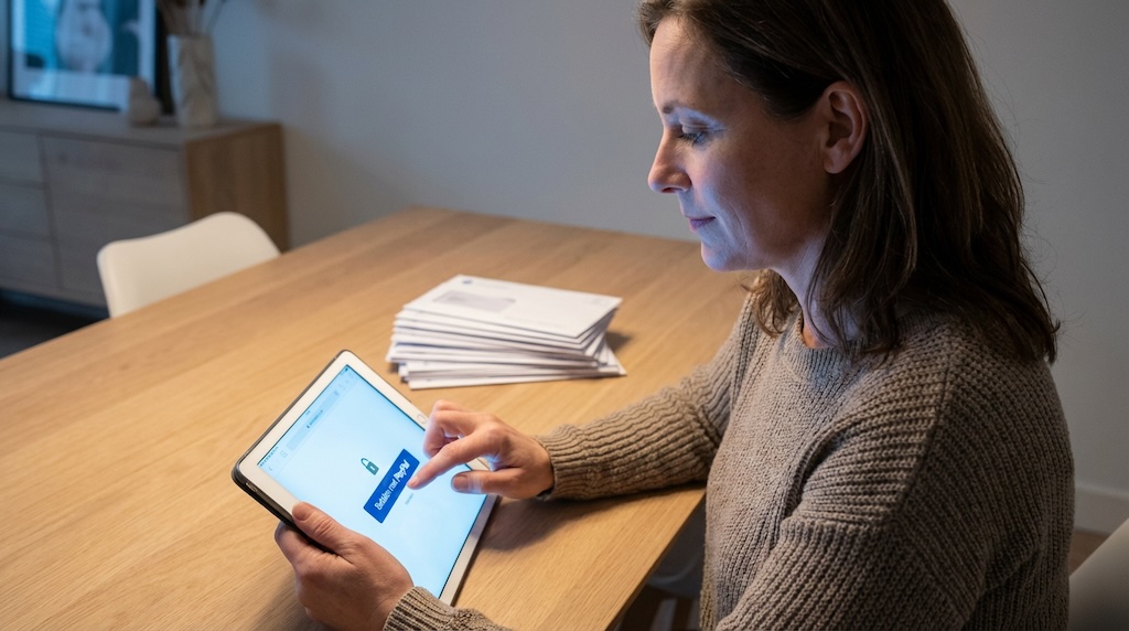 Een vrouw aan een eettafel kijkt naar een iPad en houdt haar vinger boven de 'Betalen met PayPal'-knop; op de achtergrond ligt een stapel enveloppen.