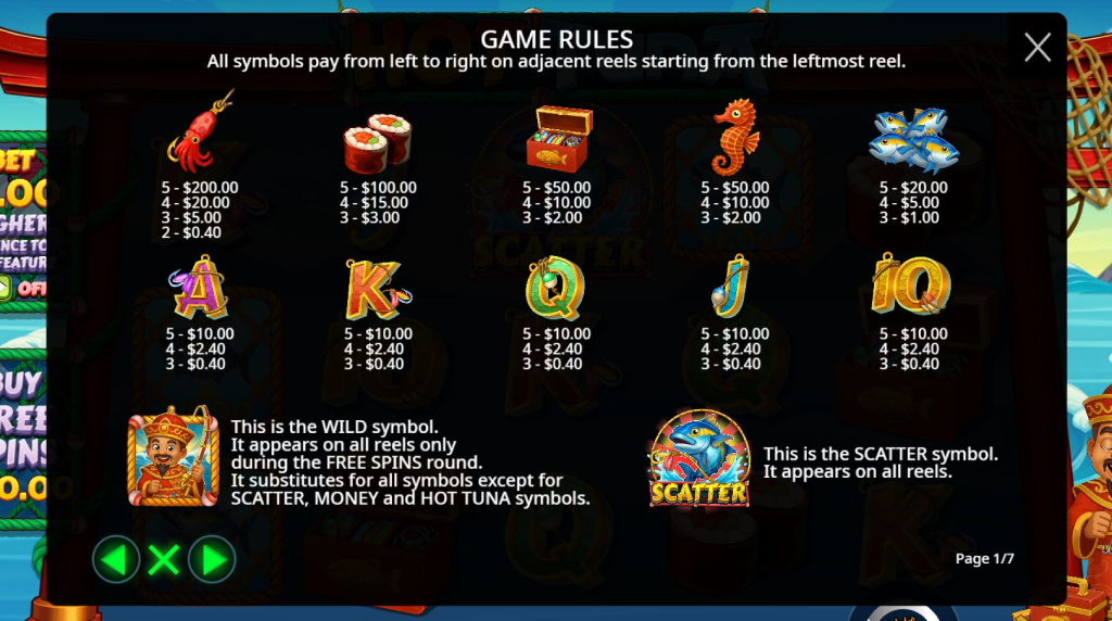 Screenshot van de uitbetalingstabel van Hot Tuna