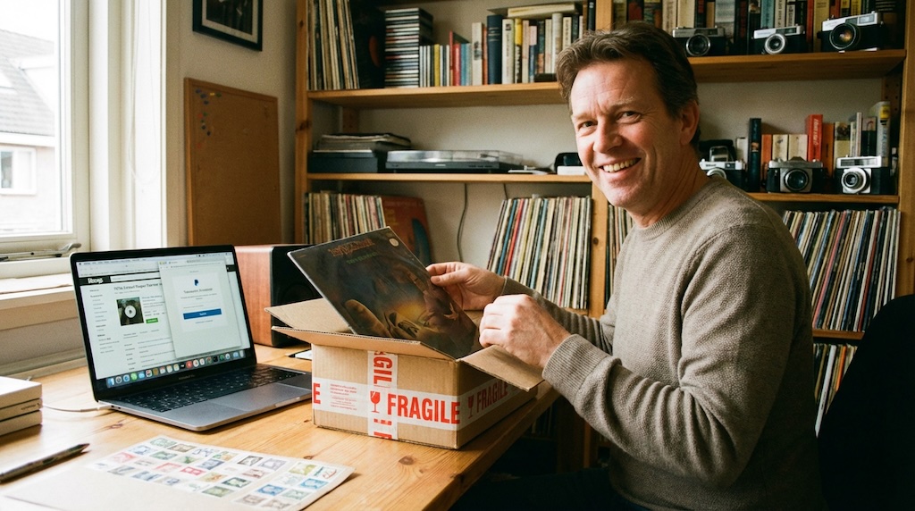 Een lachende man in een volle hobbykamer houdt een zojuist uitgepakte vinylplaat vast, met op de achtergrond een laptop die Discogs en PayPal toont.