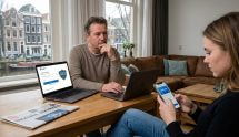 Een man en vrouw in een woonkamer met uitzicht op een gracht gebruiken beiden PayPal op een laptop en een smartphone.
