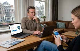 Een man en vrouw in een woonkamer met uitzicht op een gracht gebruiken beiden PayPal op een laptop en een smartphone.