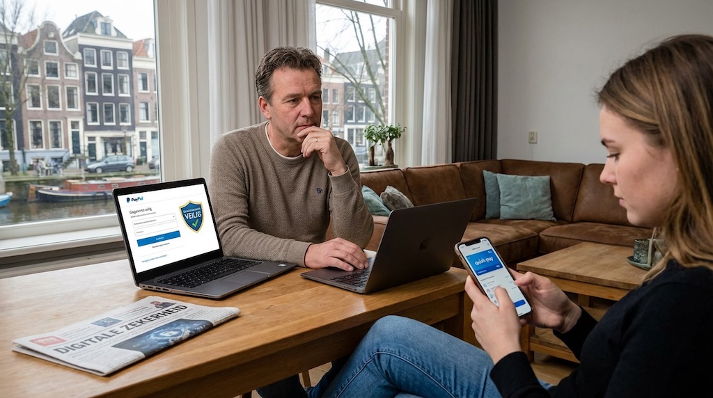 Een man en vrouw in een woonkamer met uitzicht op een gracht gebruiken beiden PayPal op een laptop en een smartphone.