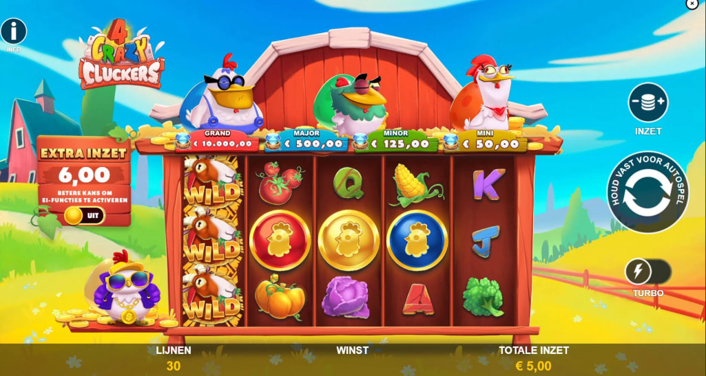 Screenshot van de slot 4 Crazy Cluckers van Playtech