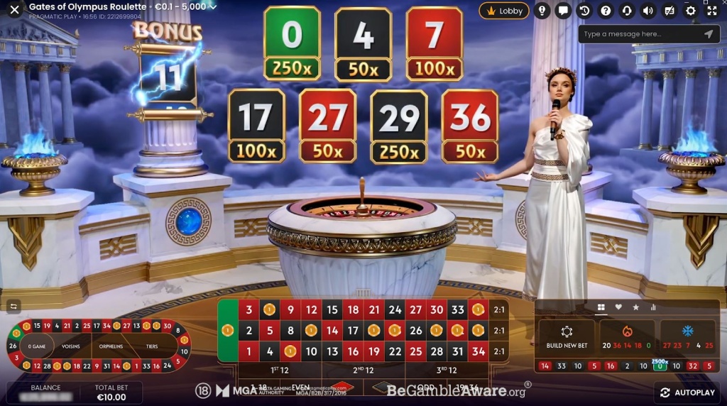 Screenshot van de nieuwe game Gates Of Olympus Roulette Live van Pragmatic Play