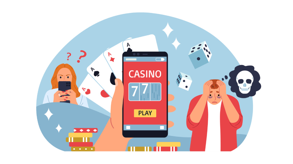 Illustratie mobiel casino en man met mentale problemen