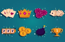 Diverse casino spelelementen, waaronder kaarten, fiches, dobbelstenen en meer.