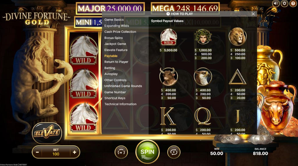 Screenshot van de uitbetalingstabel van Divine Fortune Gold van NetEnt