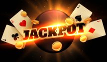 Een illustratie met het woord “jackpot”, inclusief gouden details (munten) en speelkaarten (azen)