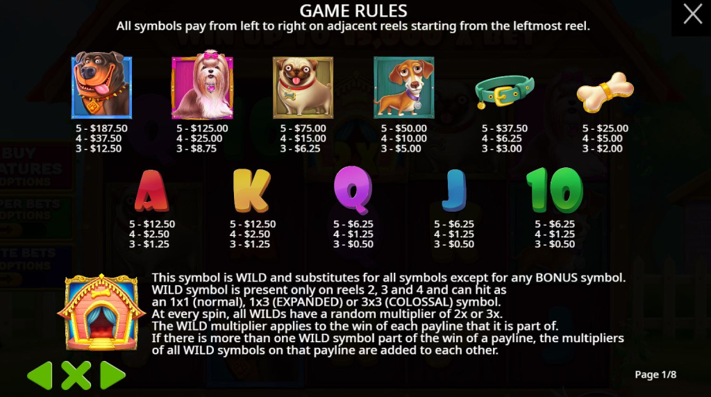 Screenshot van de uitbetalingstabel van The Big Dog House van Pragmatic Play