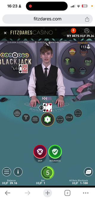 Képernyőkép az All Bets Blackjack Live játékból Magyarországon tesztelve