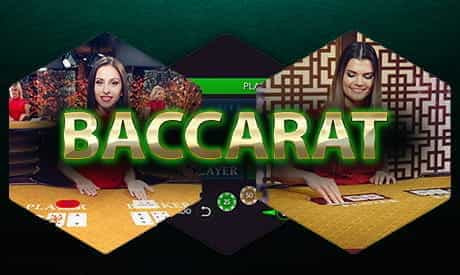 Two live croupiers dealing baccarat with the word 'baccarat' superimposed.