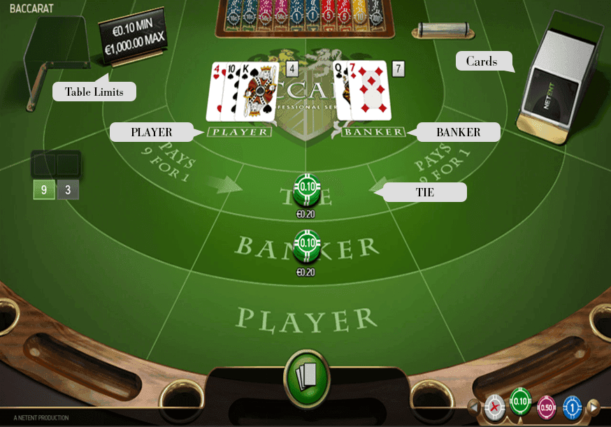 The standard layout of a baccarat table.
