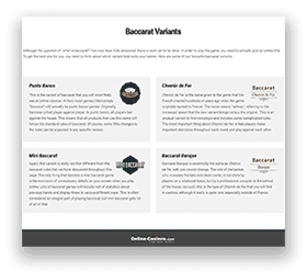 A downloadable pdf document, detailing popular baccarat variants.