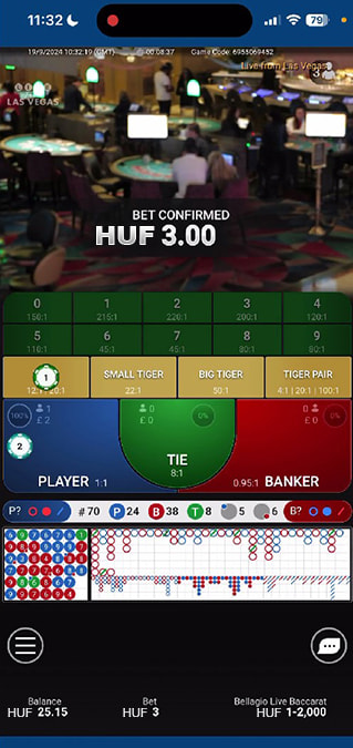 Képernyőkép a Bellagio Live Baccarat teszteléséről Magyarországon