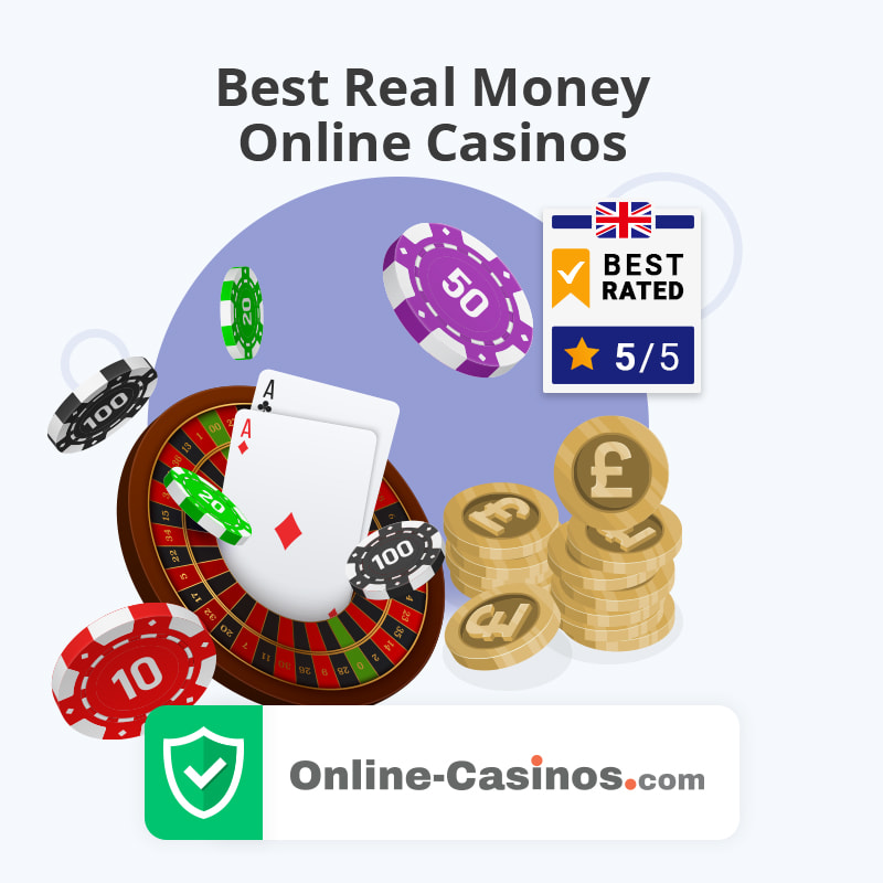 Casino Games, Betting Chips, Coins with Pound Sign, and Text Indicating the Best Real Money Online Casinos