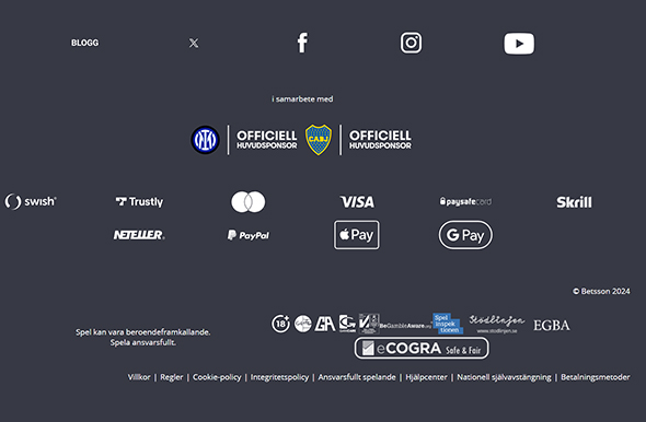 Sidfoten på Betsson webbplats som visar testmyndighetens eCOGRA-logotyp.