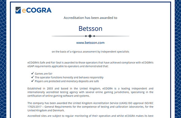Ackrediteringscertifikatet som testbyrån eCOGRA tilldelade Betsson