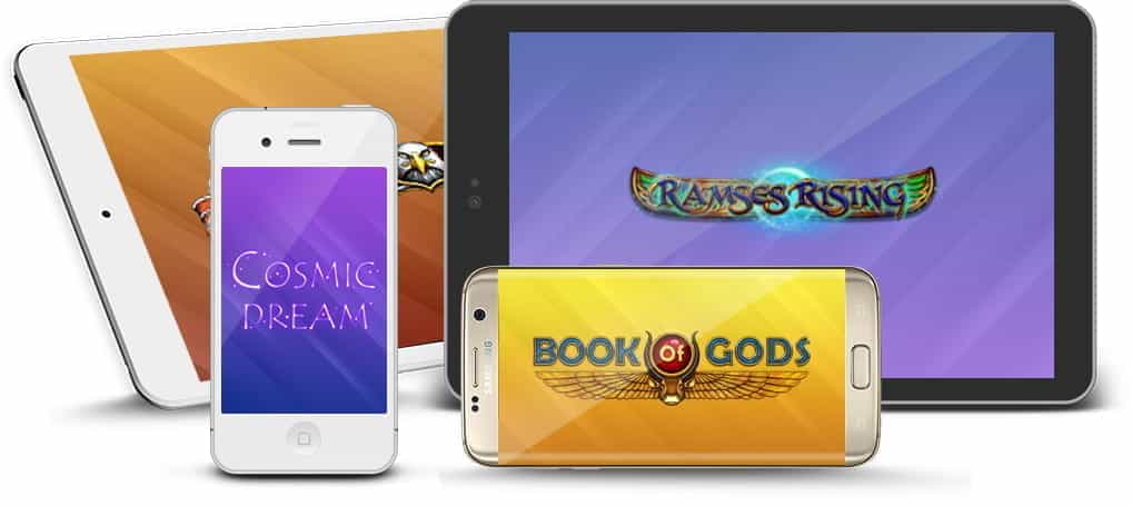 Various BF Games slot logos on smartphone and tablet devices.