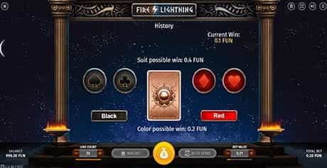 The BGaming Fire Lightning slot showing a card and the four playing suit symbols with the option to gamble.
