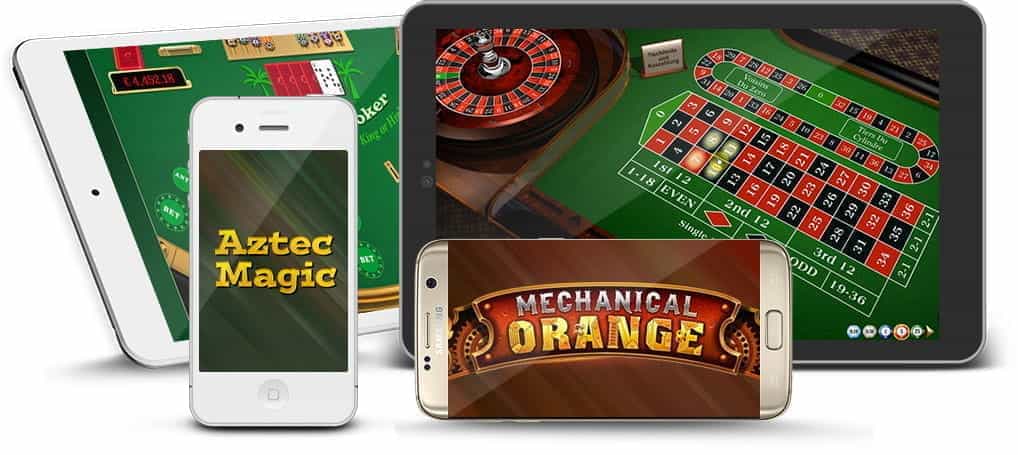Several BGaming slot and table game logos on smartphones and tablets
