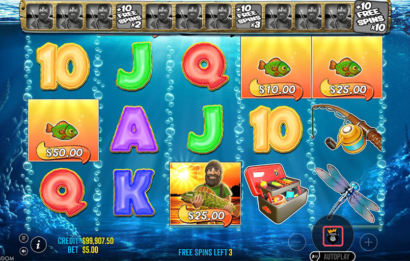 Screenshot from the free spins round of Big Bass Bonanza
