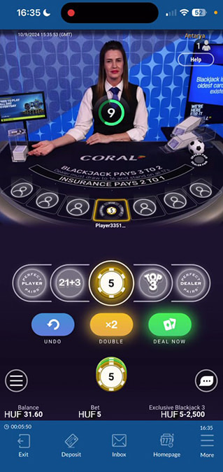 Képernyőkép a Blackjack Live játékból Magyarországon tesztelve