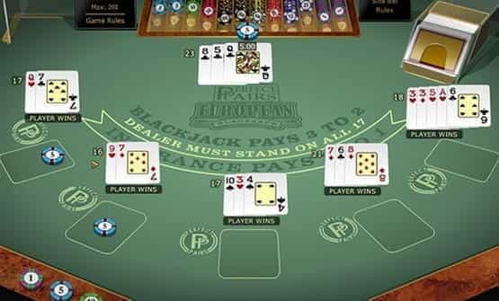 A hand of the Perfect Pairs European Multi Hand Blackjack game from Microgaming.