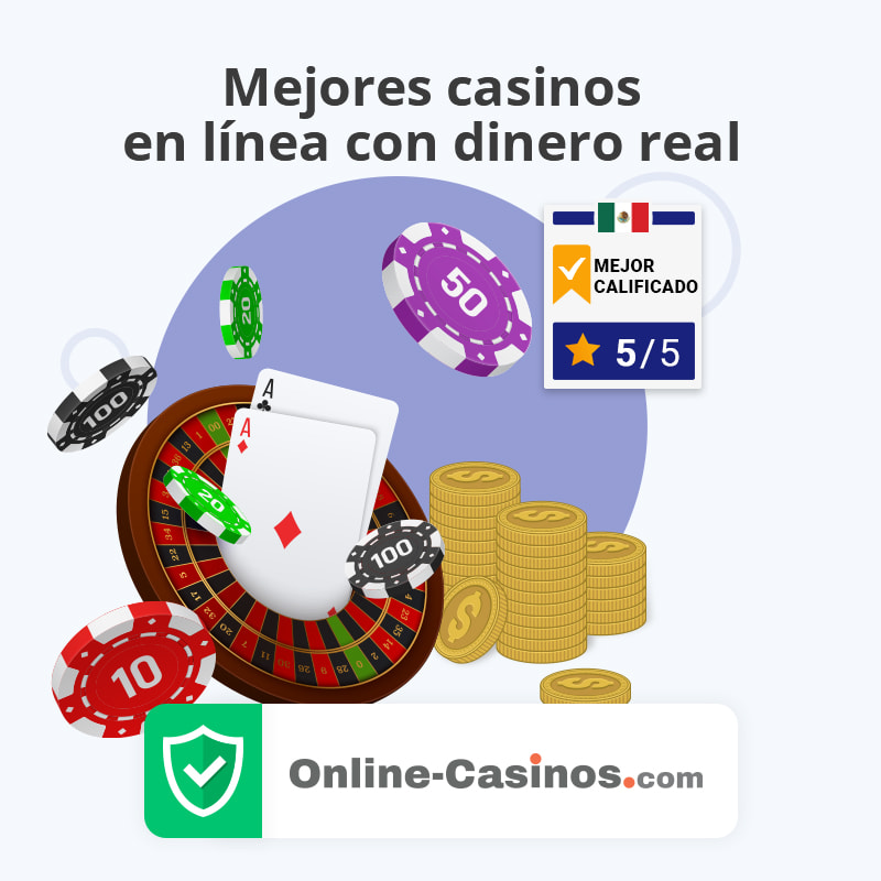 Juegos de casino, fichas de apuestas, monedas con signo de peso ($) y texto indicando los mejores casinos en línea con dinero real