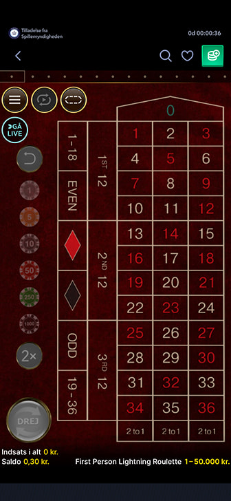 Lightning Roulette på mobilskærm