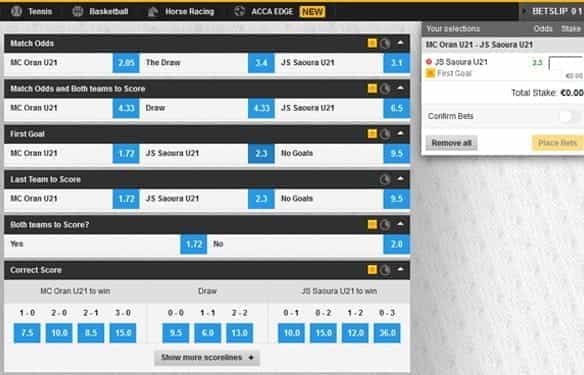 An example overview of various football betting markets