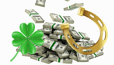 Stacks of cash surrounded by four-leafed clovers and lucky horseshoes.