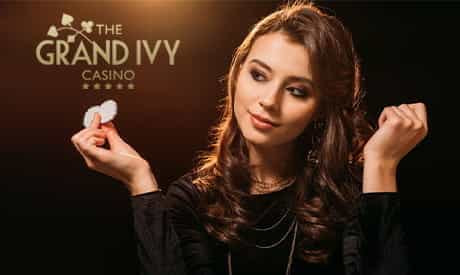 Grand Ivy logo and a woman holding casino chips