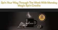 A cup of tea next to poker chips, as part of the promotional banner for InterCasino's Monday Magic offer.