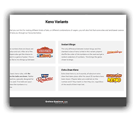 A sheet detailing the various keno variants.