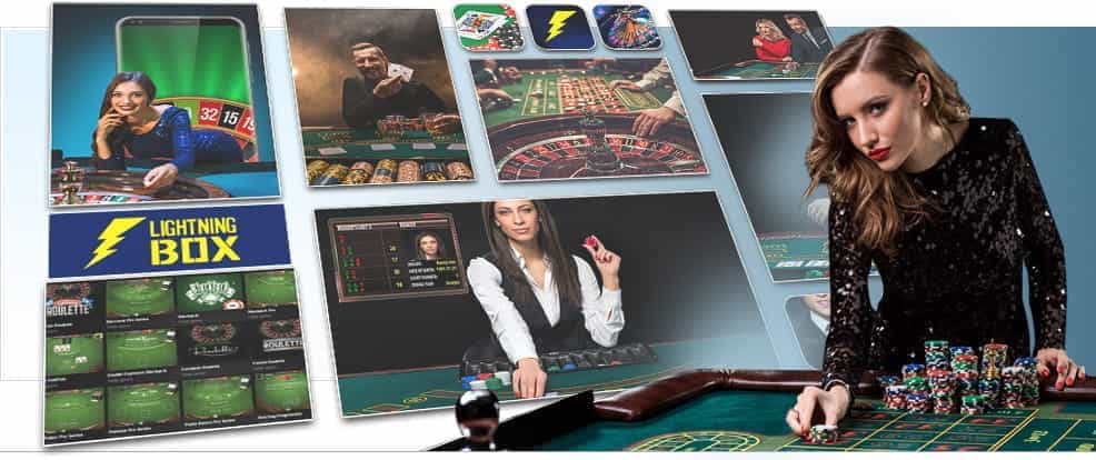 A woman placing a wager on a casino table and a montage of online casino games from Lightning Box.
