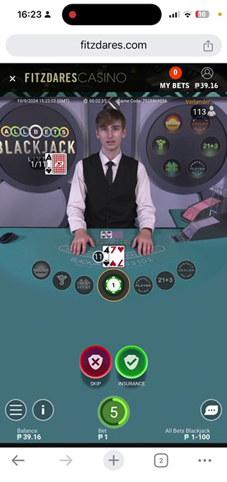 Screenshot From All Bets Blackjack Live, Tested for the Philippines.