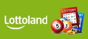 Das Lottoland-Logo und die Lotteriescheine.